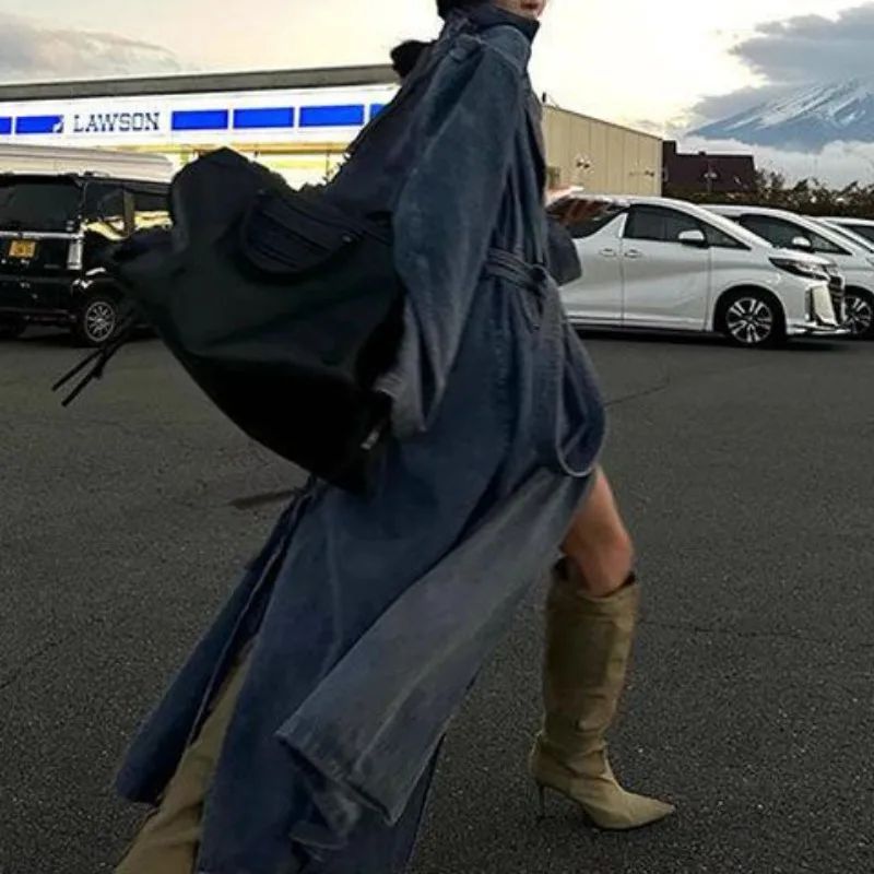 Autumn Winter Long Trench Coat Women's Over-the-Knee Extra-Long Vintage Washed Denim Trench Coat Blue Best-Selling Drapey Coat