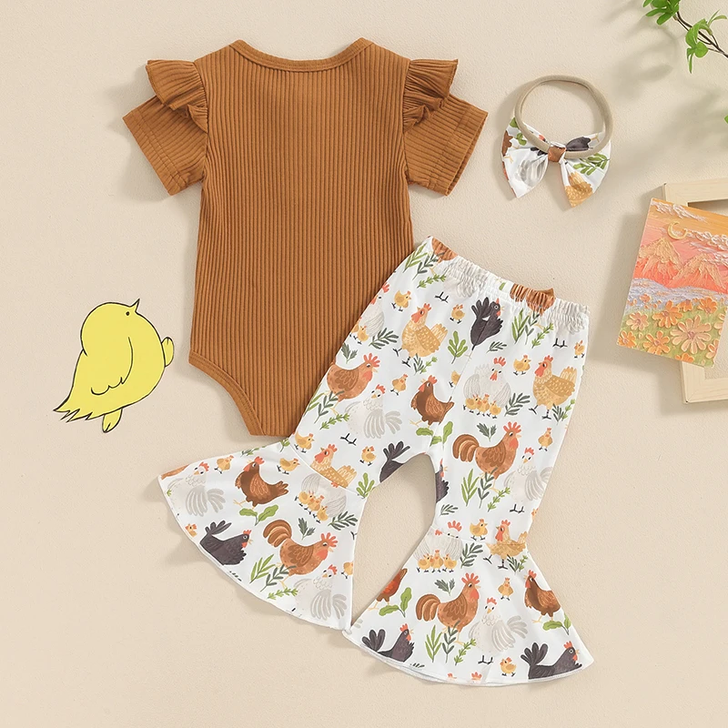 3 Stuks Set Baby Meisjes Outfits Korte Mouw Gebreide Knoop Voorkant Romper Flare Broek Hoofdband Set Schattige Pasgeboren Baby Kleding Set