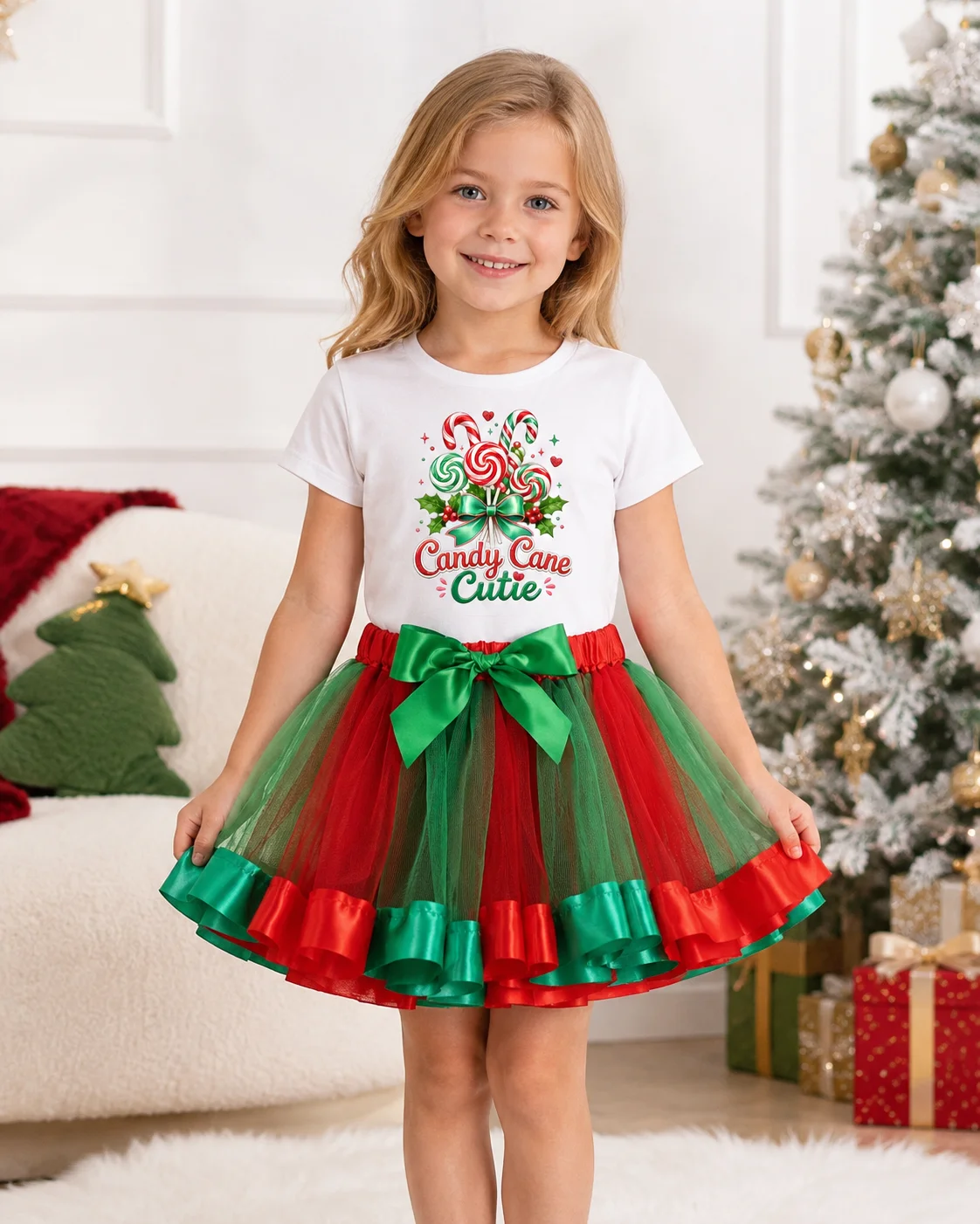 Kids Christmas Tutu Skirt Set Candy Cane Print T-shirt Red Green Mesh Pettiskirt Toddler Girl Xmas Party Outfit
