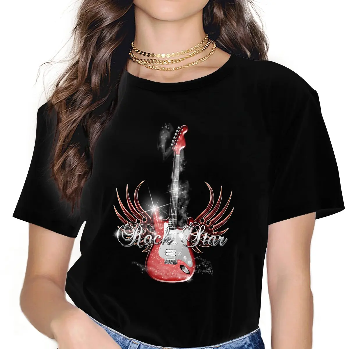 Rock Star Wing Feminine Shirts Guitar Rock T-shirt Kawaii Vintage Female Blusas