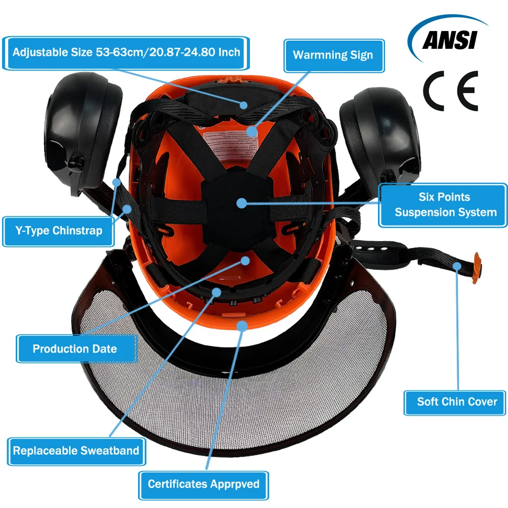 CE ANSI 3 in 1 Forestry Safety Helmet with Face Shield Earmuffs ABS Hard Hat for Logging Chainsaw Brushcutter Trimmer Work Cap