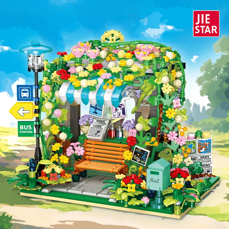 

New jj9197 834pcs MOC City Street View Flower Newsstand Building Blocks Bricks Construction Assembling Kids Toys Gift Ste