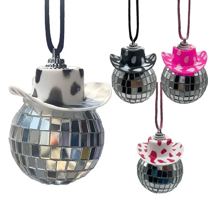 Disco Ball with Cowboy Hat for Car Rear View Charm Decoration Reflective Hanging Ornament for Birthday Party Wedding Supplies