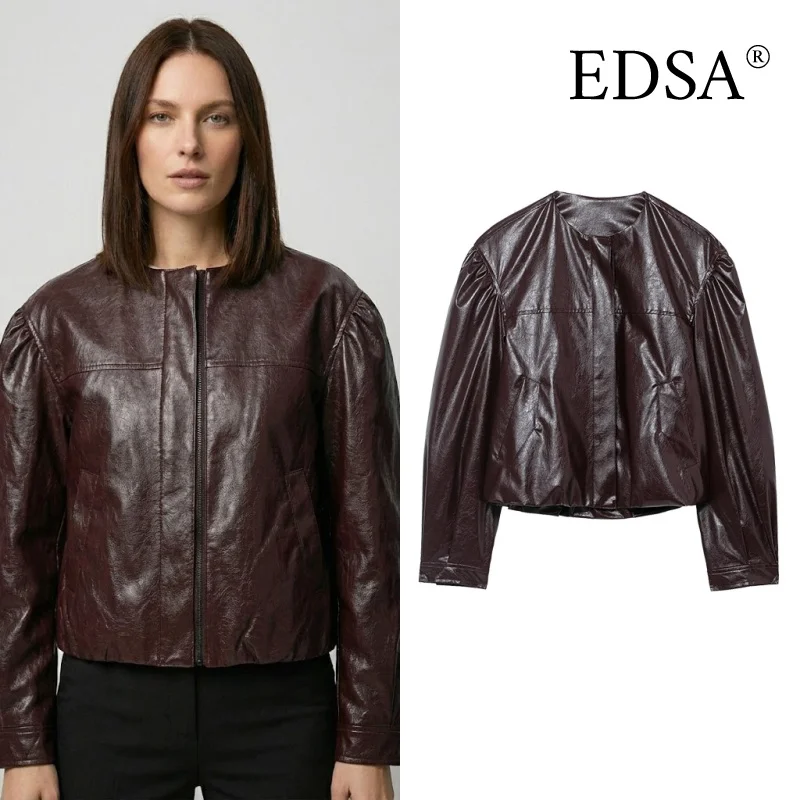 

EDSA Women Coffee PU Leather Jacket O-Neck Long Sleeves Spring Autumn Casual Female Top Outerwear