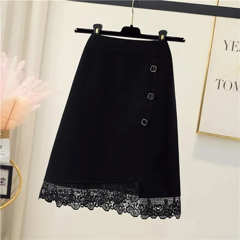 Skirts Womens 2023 Autumn/Winter New Lace Splicing Skirt High Waist Vintage Plaid Knitted A-Line Short Skirts Faldas Mujer Moda