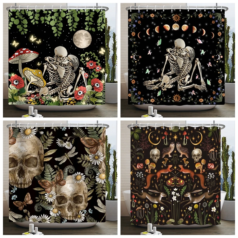 

Sugar Skull Shower Curtain for Bathroom Psychedelic Kiss Skeleton Flower Mushroom Plant Floral Gothic Waterproof Bath Curtain