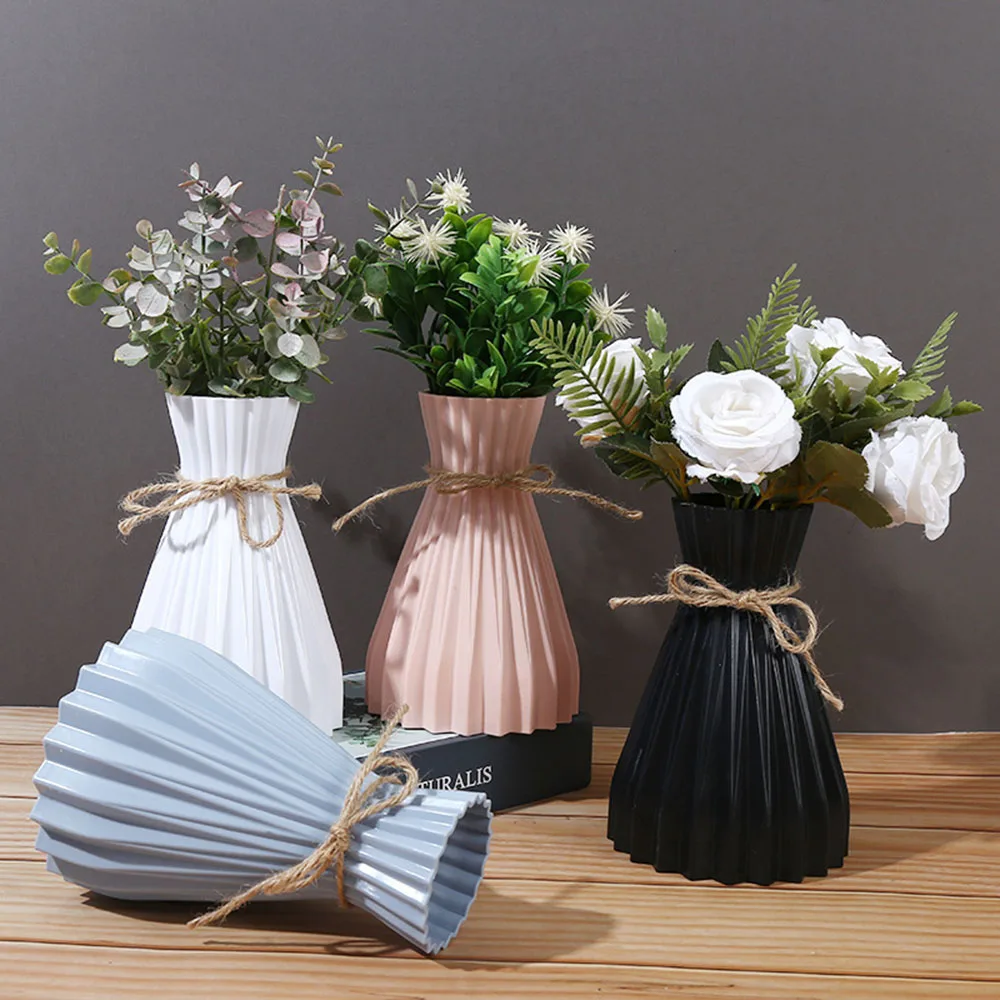 1Pc Narrow Waist Origami Striped Tabletop Vase Simple Home Decor Creative Twine Bow Imitation Ceramic Plastic Flower Vase