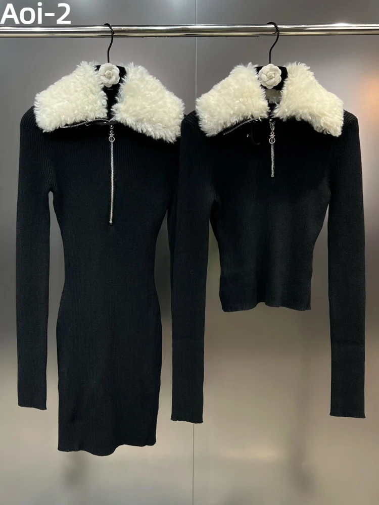 Vintage Spice Girl Black Knitted Dress Women's Autumn Winter High Quality Lamb Fur Collar Zipper Slim-Fit Elegant Sweater Top