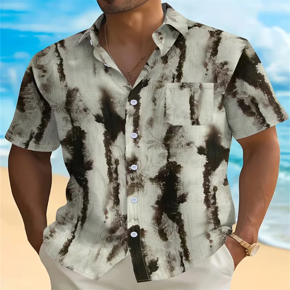 Men's Vintage Vertical Stripe Print Color Block Short Sleeve Shirt, Spring Summer Retro Casual Top, Pocket Lapel Style