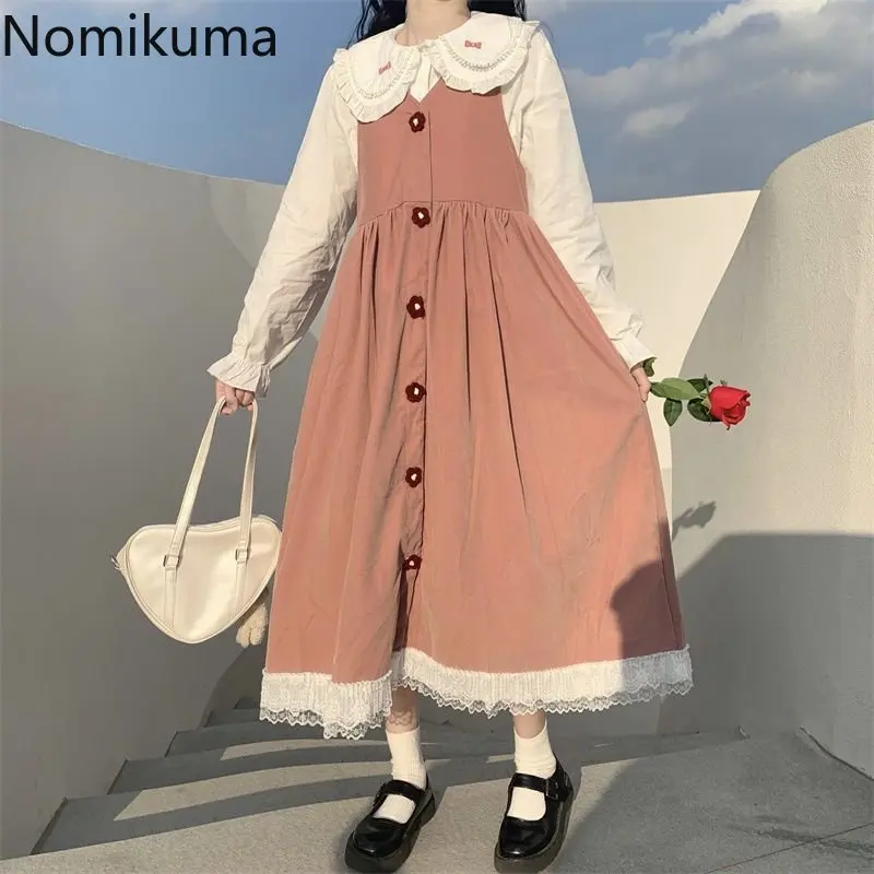 Imagem -06 - Nomikuma Conjunto de Duas Peças para as Mulheres Primavera Boneca Colar Kawaii Camisa Mais sem Mangas Rendas Retalhos Solto Preppy Vestidos Conjuntos