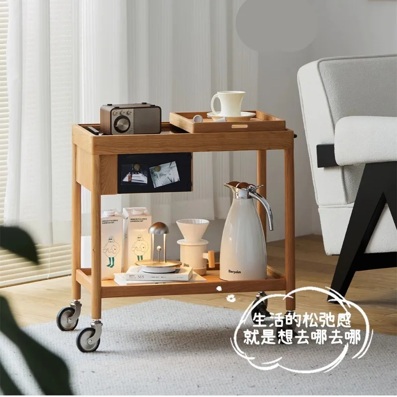 

Solid wood edge few Nordic movable trolley cherry wood small apartment Japanese coffee table