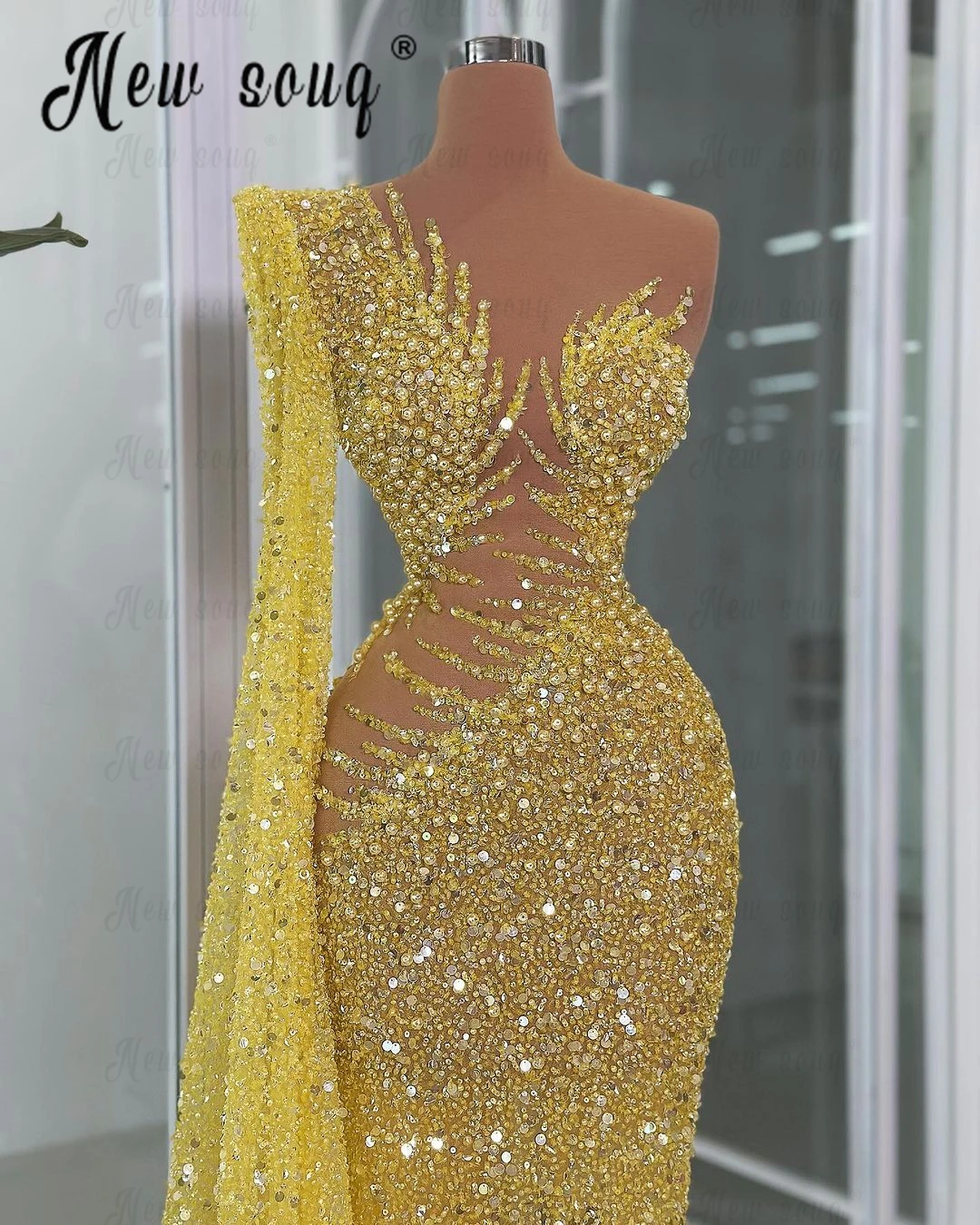 

Luxury Lemon Beaded Evening Dress Cape Sleeve Yellow Sequins Formal Prom Party Gowns Dubai Wedding Ceremony Dress Birthday Wear