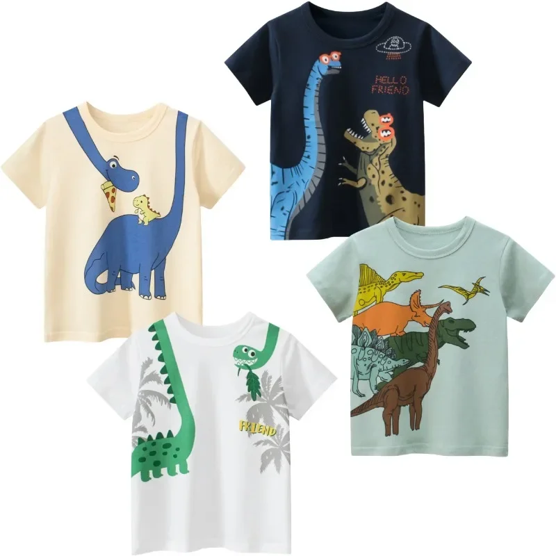 Dropshipping 4PCS/Set 2025 Summer New Boys Cartoon Dinosaur T-Shirts for Children Short Sleeve Cotton Tops Kids Clothes 2-10Y