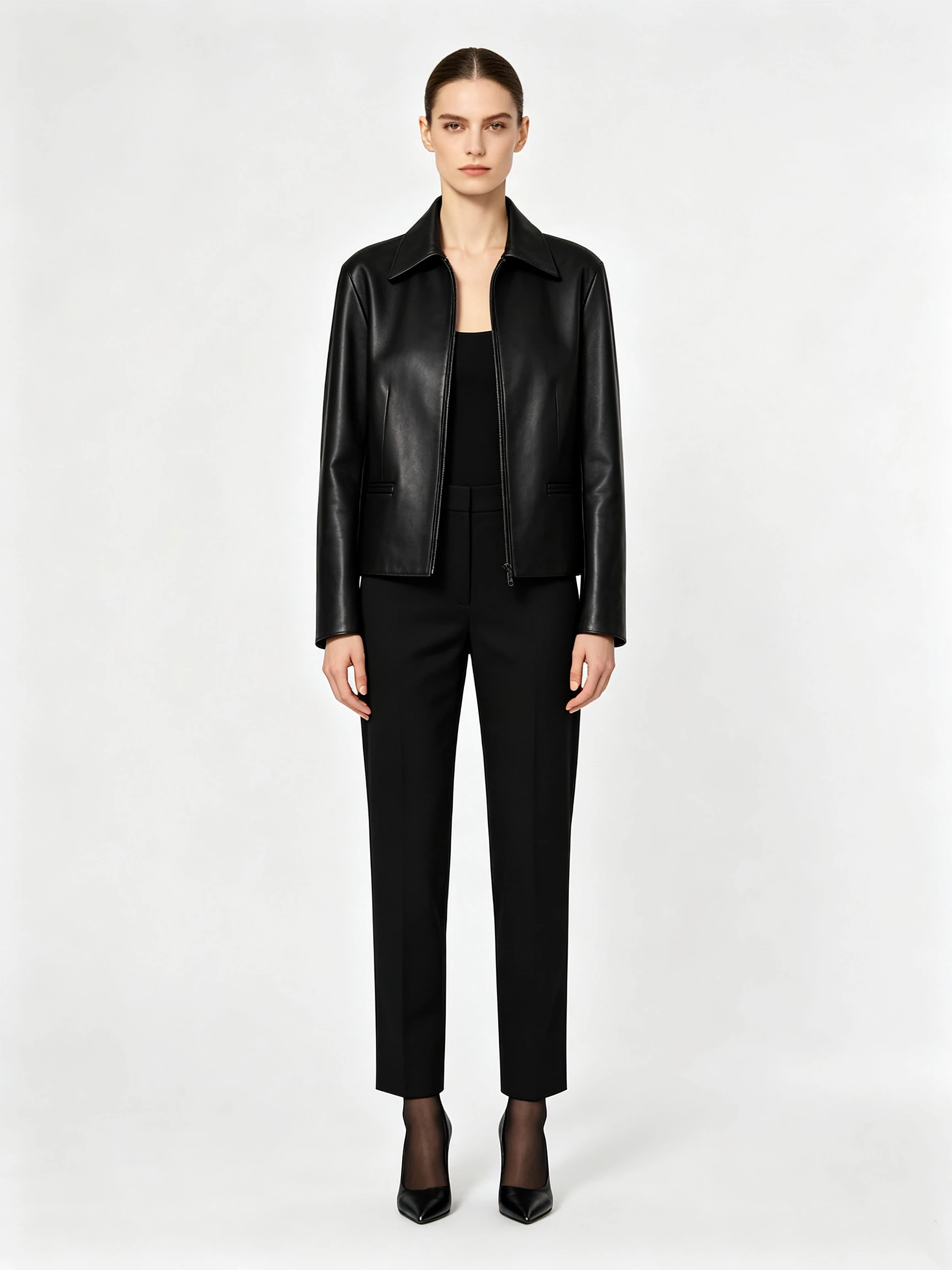 Women's Faux Leather Cropped Jacket with Sharp Lapel Collar and Zipper Front