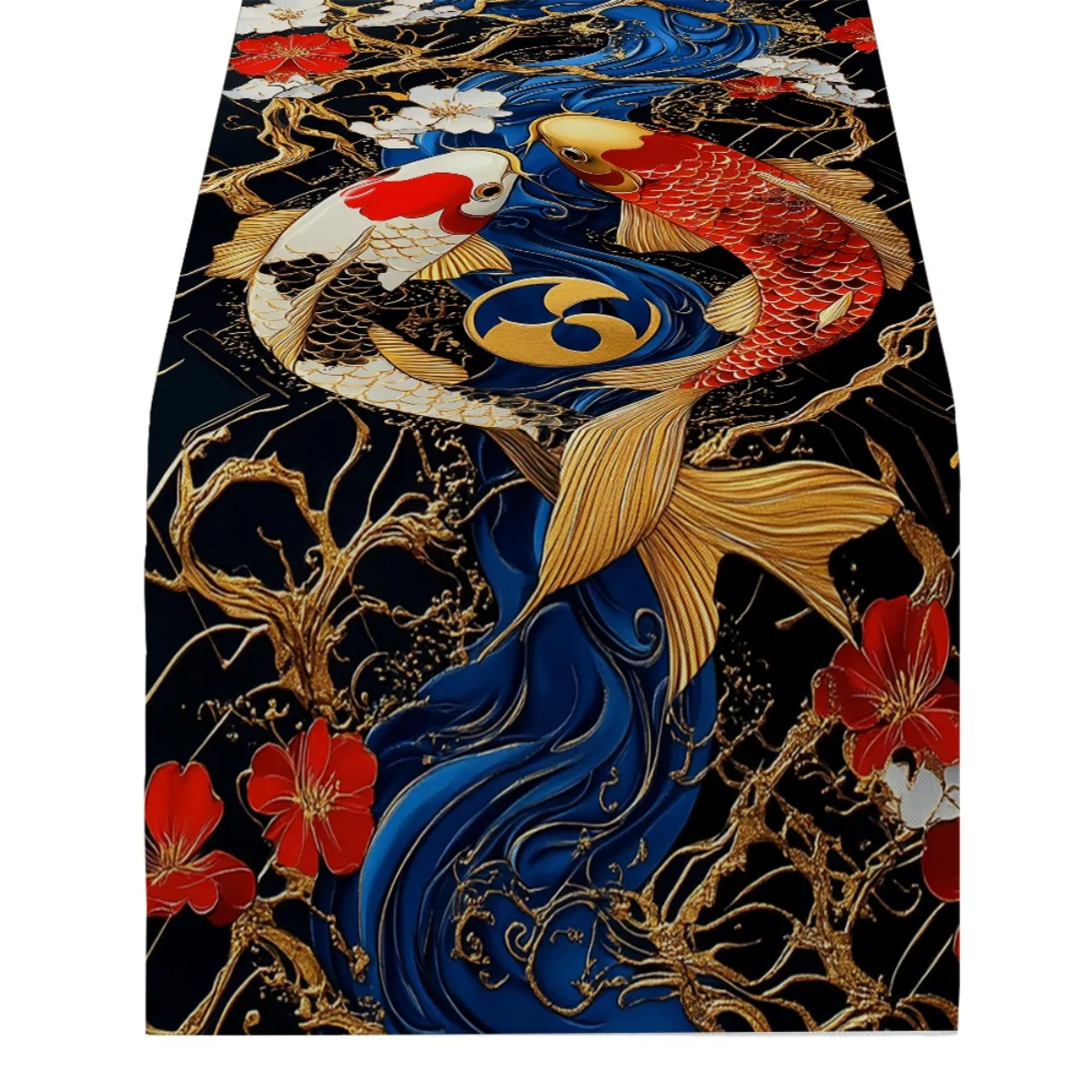 Koi Fish & Cherry Blossom Print Japanese Table Runner, Reusable, Indoor & Outdoor Seasonal Celebration Dining Table Runner