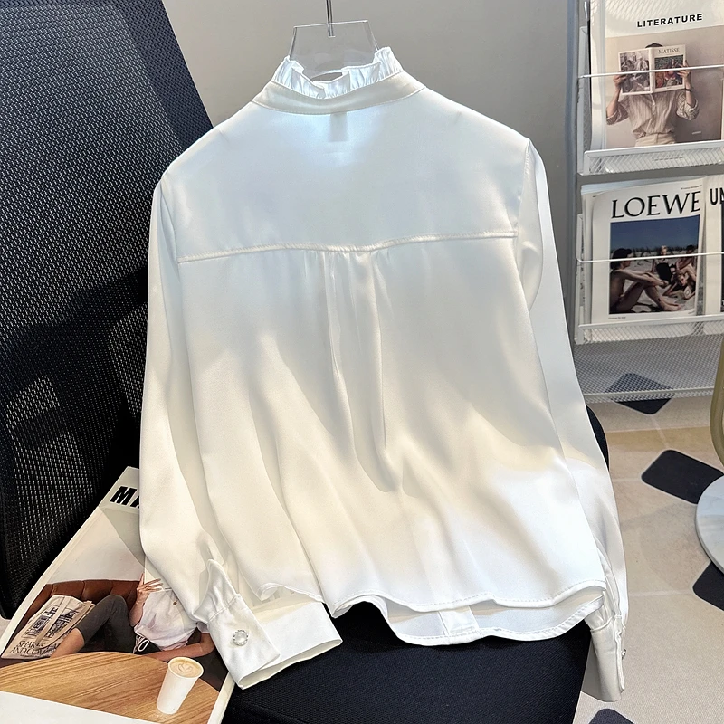 Camicia da donna Camicetta Nuova elegante manica lunga Colletto arricciato Camicia bianca Camicetta Donna Top Camicette Camicie Blusas Para Mujer Q544