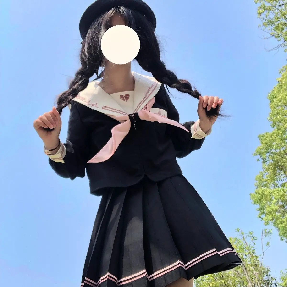 [heartbeat]Genuine JK uniform black and pink girl sweet long short sleeved short skirt sailor suit