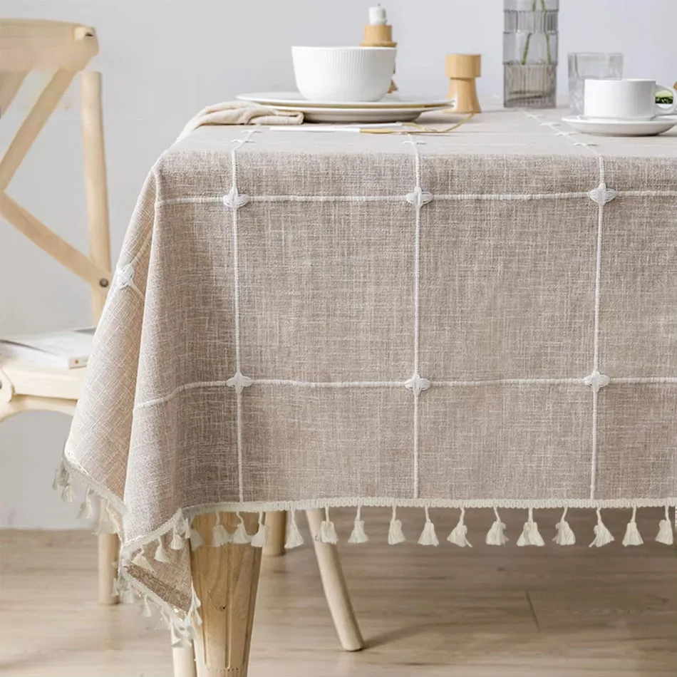 Cotton Linen Three-dimensional Jacquard Tablecloth,With Tassel Rectangle Round Tablecloth for Kitchen Dinner,Party Christmas