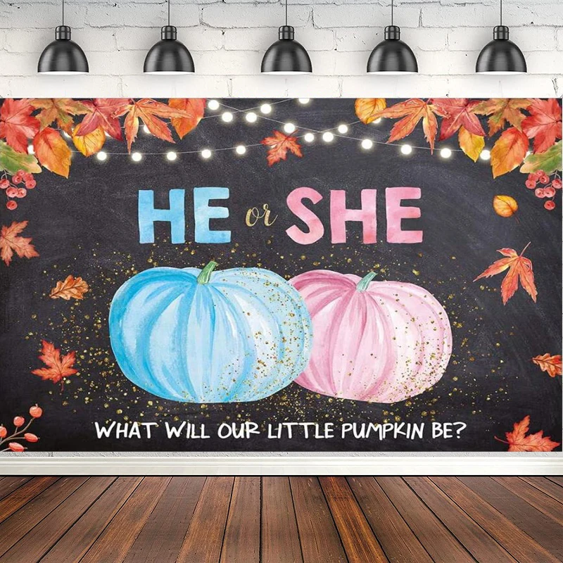 

Pumpkin Leaves Gender Reveal Photography Backdrop Fall He Or She Pink Or Blue Boy Or Girl Baby Shower Party Background Supplies