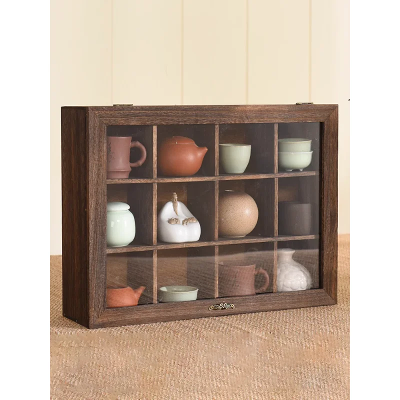 

Solid wood teapot display box, tea set, dustproof grid storage cabinet, storage rack, cosmetics, jewelry, utensils