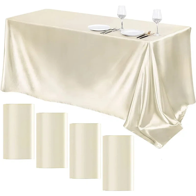 4pcs Rectangle Wedding Satin Tablecloth Bright Smooth Silk Table Cover for Wedding Banquet Anniversary Dining Table Decor