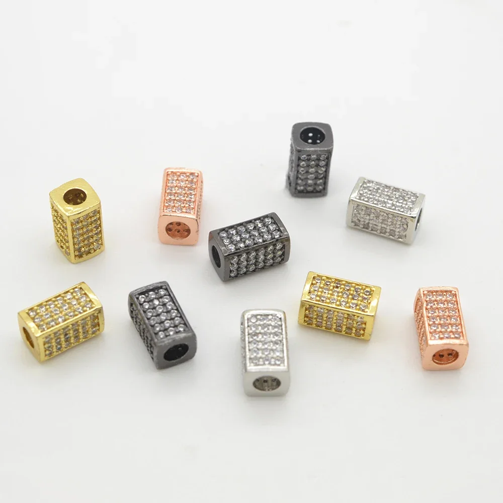 2 Pcs Inlay Zircon Rectangle Spacer Beads for Diy Bracelet Necklace Chain Making Supplies Plating Brass Jewelry Parts Wholesale