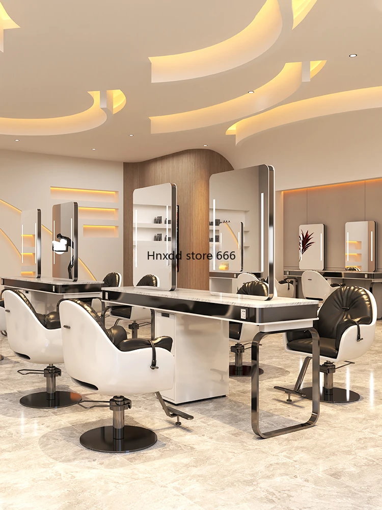 For Hair Salon Hairdressing Mirror Integrated Marble Single-Sided High-End Hot Dyeing Table with Cabinet