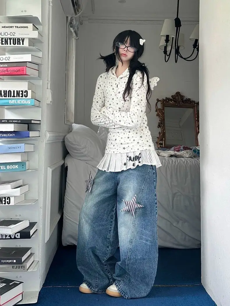 アメリカンスタイルの女性 Tシャツ秋のスターフルプリント翼フード付き長袖 Tシャツ甘いスパイシーなスリムフィットベーストップ