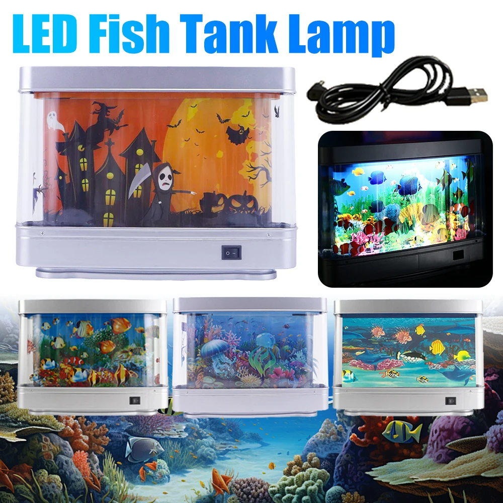 Artificial Tropical Fish Tank Lamps LED Bedroom Room Lamps Light Aquarium Decor Virtual Ocean Landscape Table Lamp for Halloween