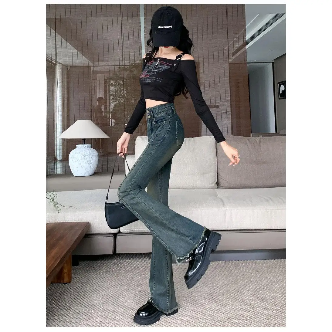 

Женские джинсы-клеш с высокой талией, облегающие, синие, в стиле ретро, осенняя новинка, укороченные (длина 7/8)