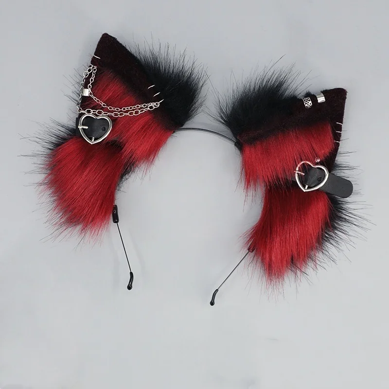 Nette Pelzige Katze Ohren Haar Hoop Frauen Mädchen Lolita Schöne Stirnband Plüsch Fuchs Ohr Metall Kette Liebe Herz Haarband Cosplay Requisiten