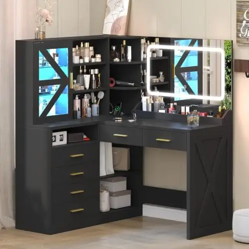 L-Shaped Corner Vanity Desk with LED Lighted Mirror & Charging Station, Black Makeup Vanity with 6 Drawers & Sliding