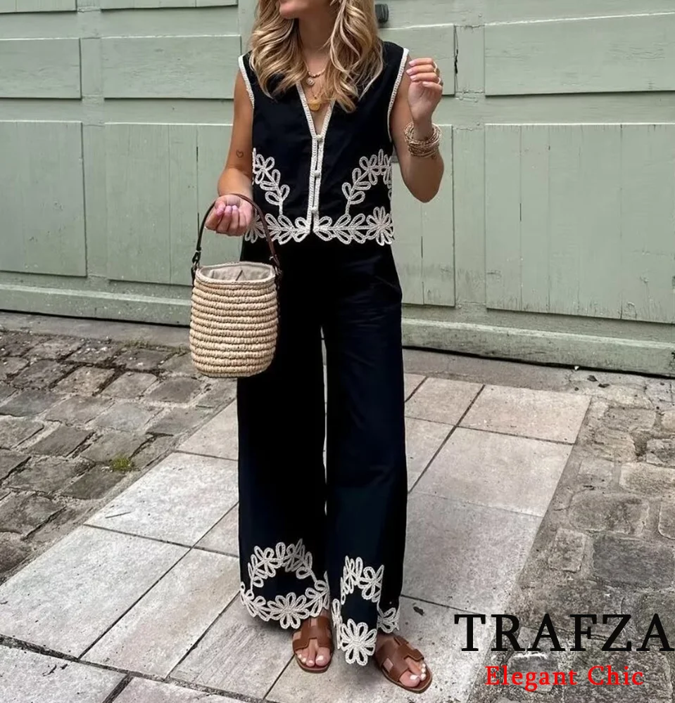 TRAFZA-طقم صدرية غير رسمية للنساء ، بدون أكمام ، فضفاضة ، بنطال بأرجل مستقيمة ، عطلة ، صيف ، جديد ،