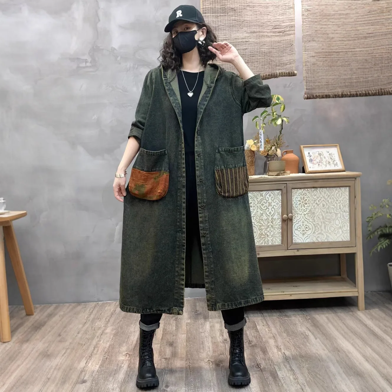 25Women Denim Coats Spring Autumn Retro Pockets Vintage Loose Hooded Single-Breasted Female Tide Long Cardigans