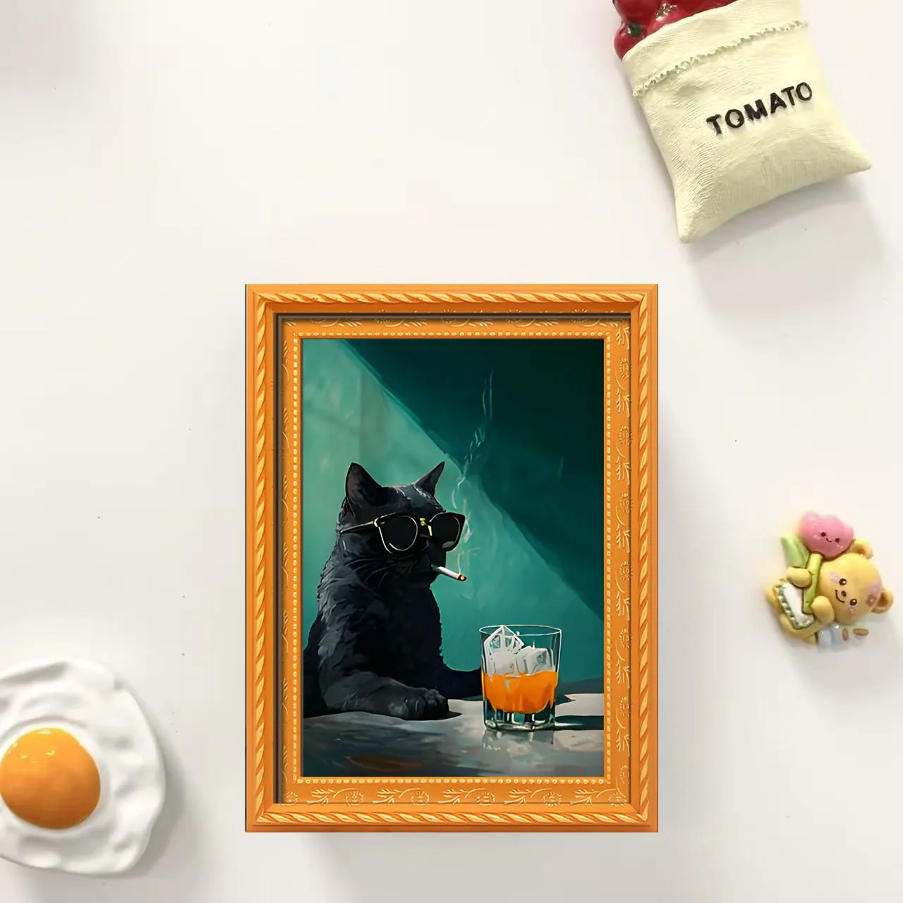 1 Piece of a Quirky and Cool Black Cat Photo Frame Fridge Magnet, Featuring a Funny Cat Wearing Sunglasses and Drinking a Beverage