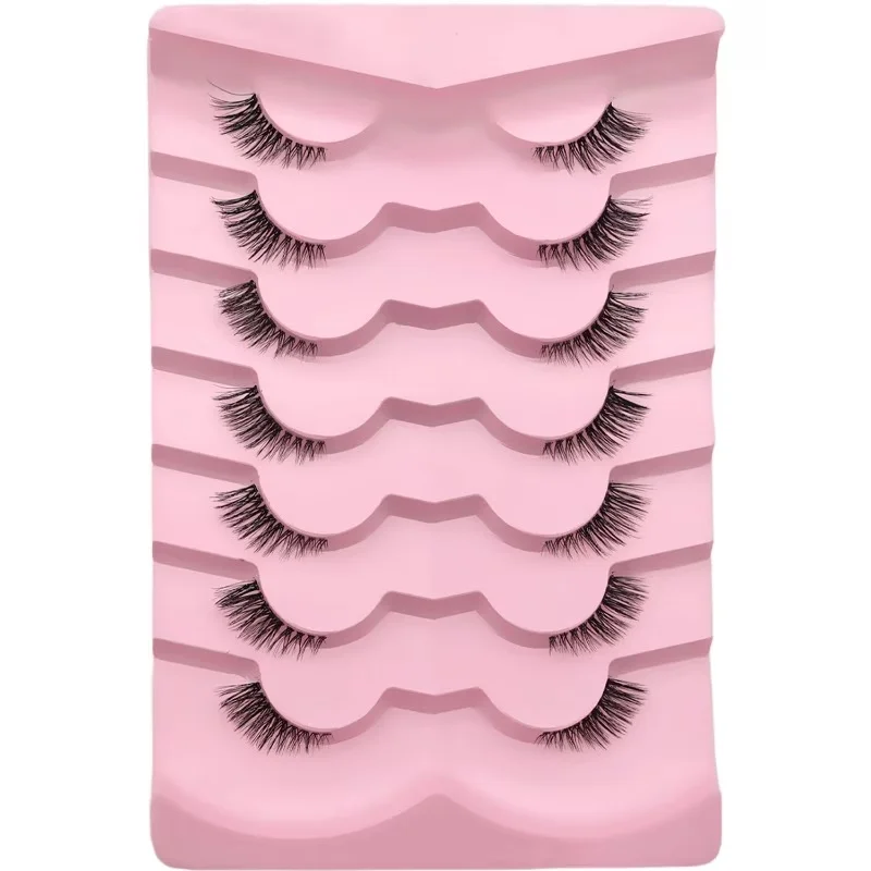 7 Pairs of Cat-Eye Half-Strip False Eyelashes, Natural Slender Mink-like Fibers, Soft Clear Band, Invisible & Lightweight, Reusa