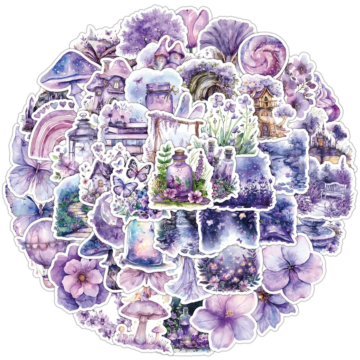 10/50pcs Ins Style Purple Magic Flowers World Cartoon Stickers Aesthetic Cute Decals DIY Laptop Phone Car Decoration Sticker