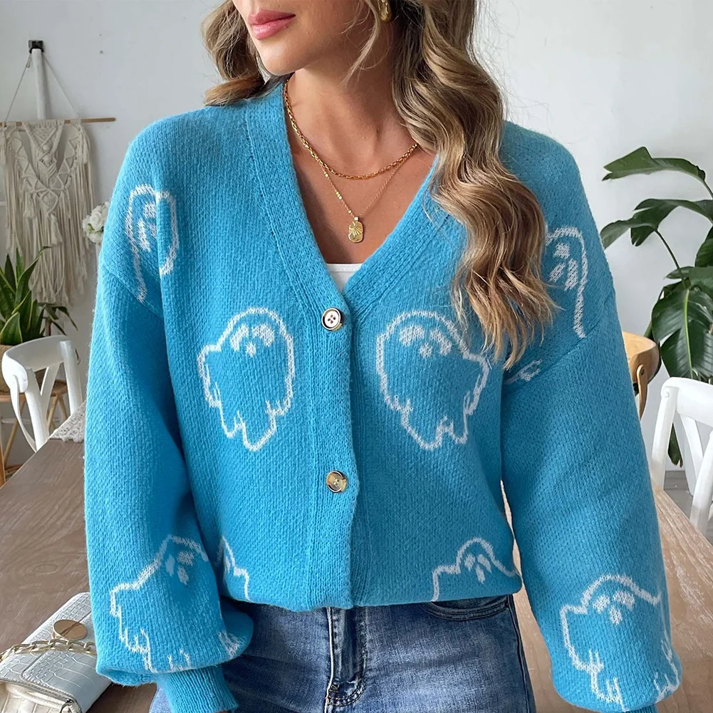 Lightweight Loose Casual Button Cardigan Sweater for Women with Cartoon Jacquard Pattern Fits Multiple Seasons