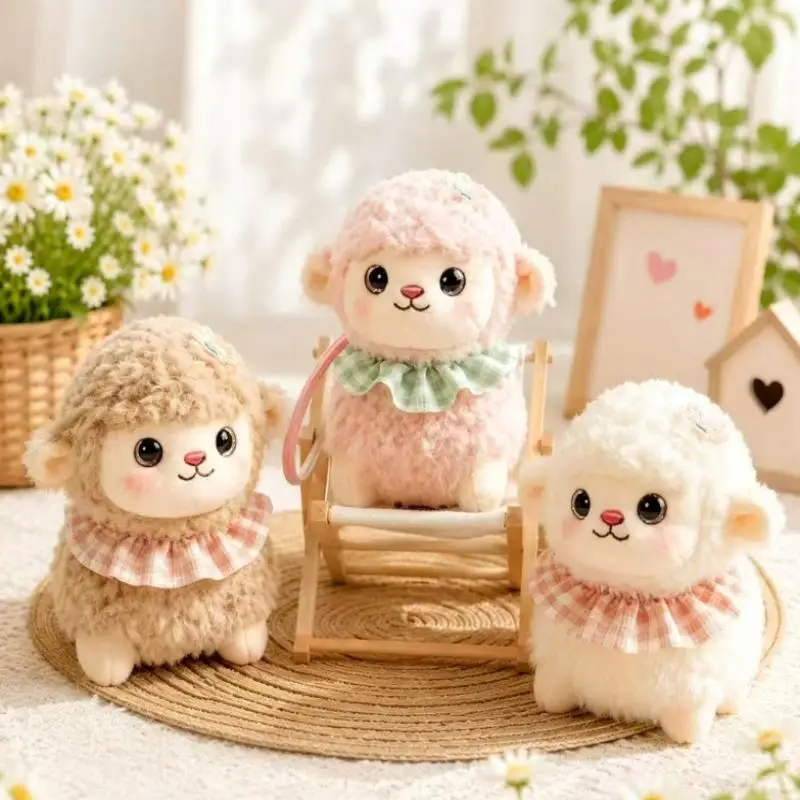 ! Soft Fluffy Lamb Plush Toy With Fuzzy Fabric Cute Plaid Ruffle Collar Perfect Kids Gift Bedroom Decor