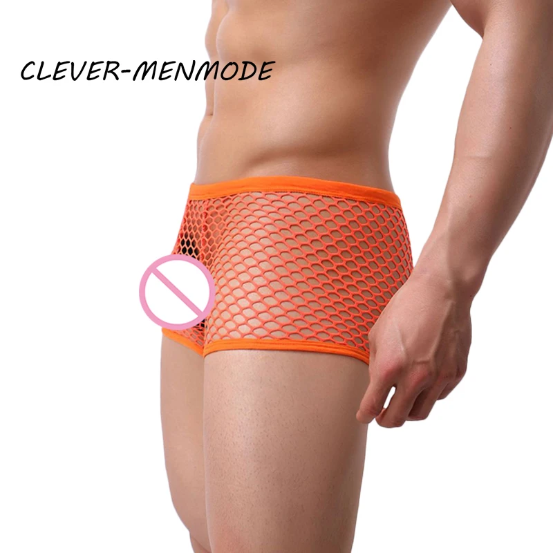 Men\'s Sexy Fishnet Boxer Shorts See Through Exotic Lingerie Breathable Transparent Underwear Bulge Penis Pouch Bikini Hombre