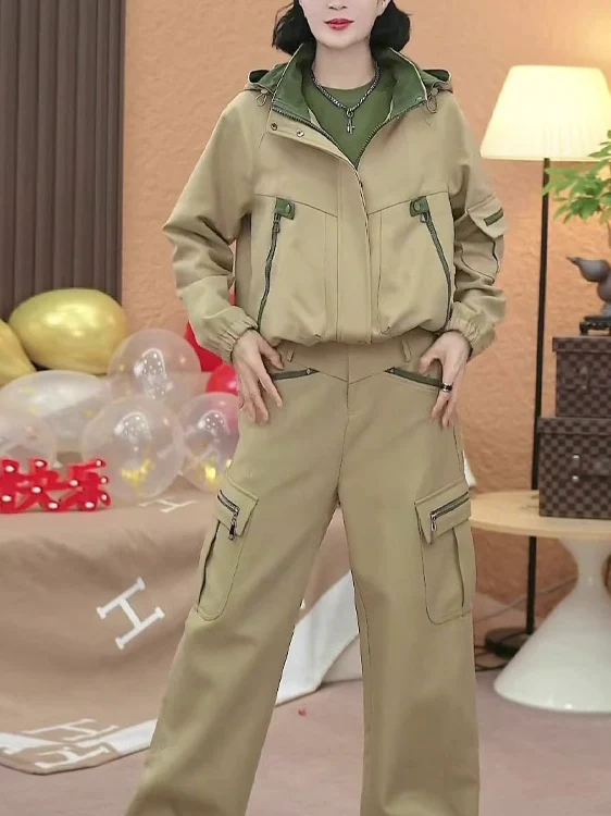 

Модный комплект рабочей одежды: брюки и спортивная куртка с высокой талией на молнии, контрастная куртка с капюшоном, повседневный стиль