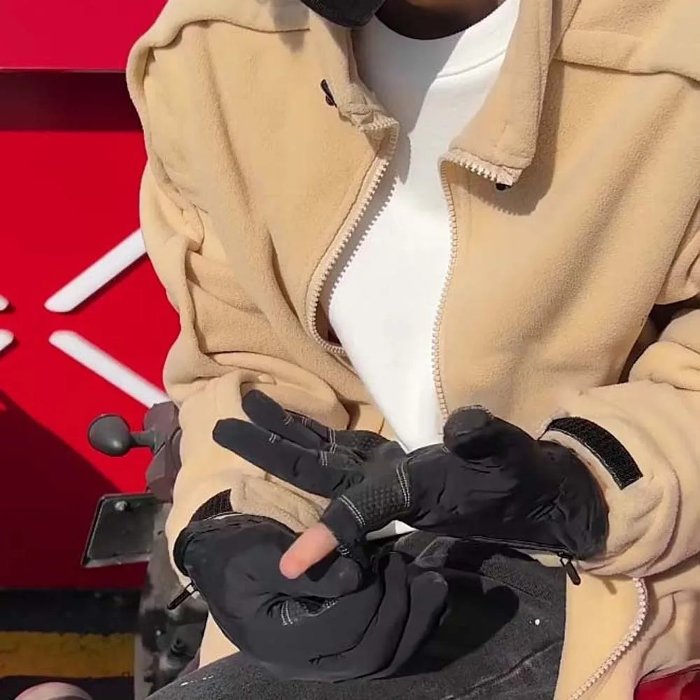 

Gift Polar Fleece 2 Finger Flip Gloves Soft Anti-slip PU Anti-cold Mittens Warmer Touch Screen Windproof Finger Mittens Skiing