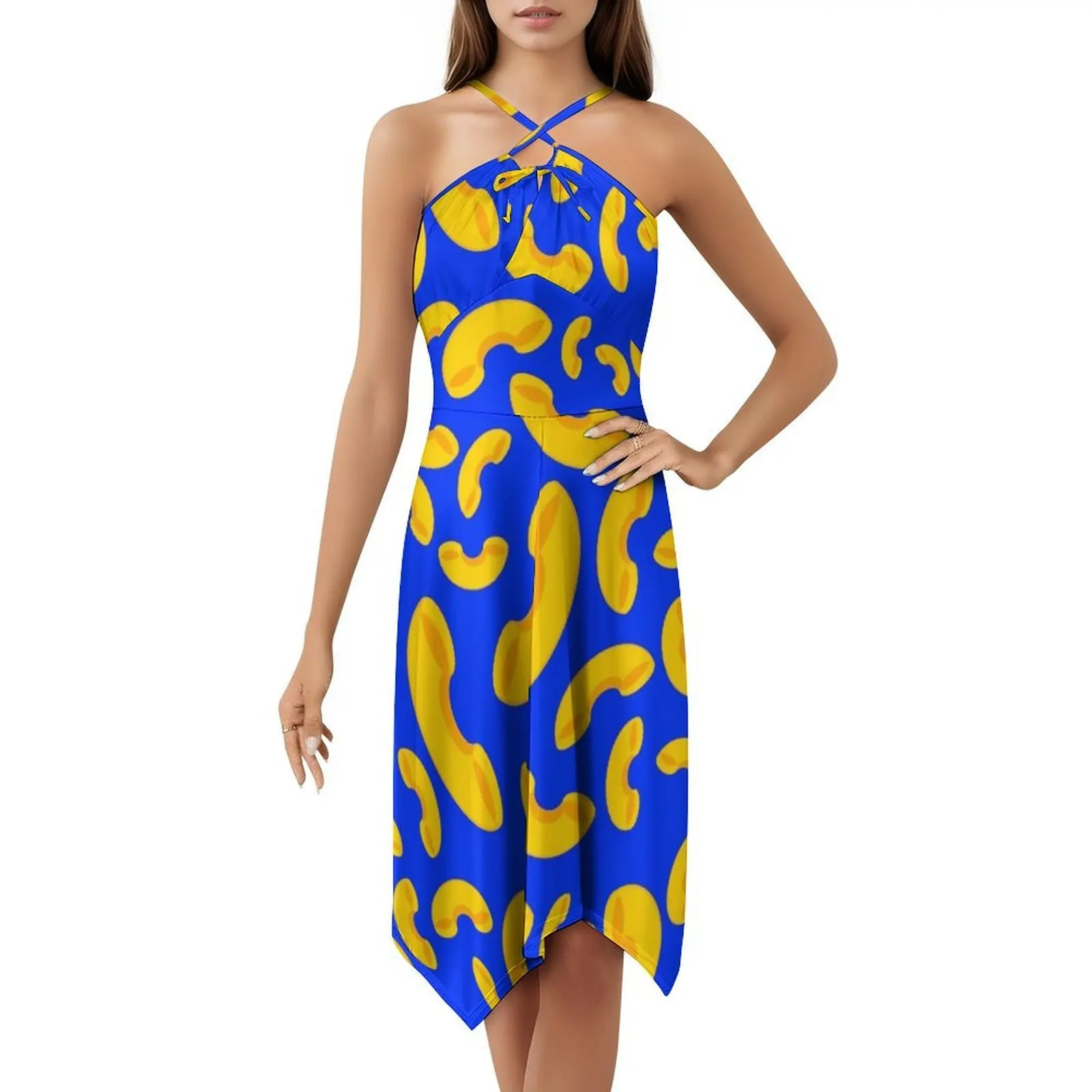 فستان بوهيمي من الجبن بدون أكمام، فستان متعدد الطباعات لحفلات العطلات على الشاطئ وفساتين نسائية من جبنة معكرونة الجبن