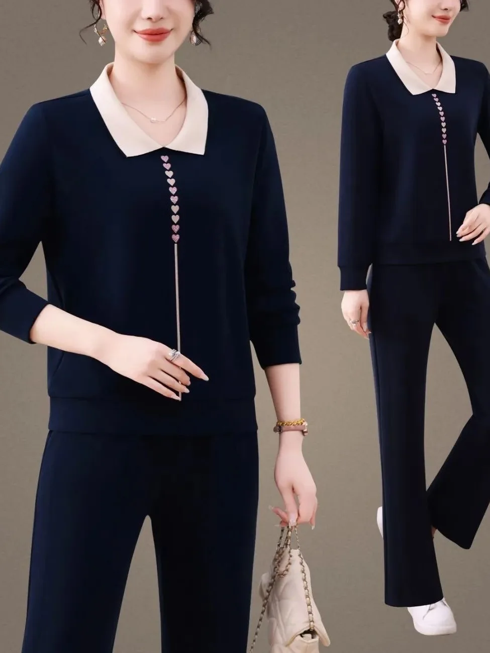 

Faionable Collar Two-Piece Set Women's Sportswear Ensemble for Middle-Aged And ly Spring Autumn New Sle