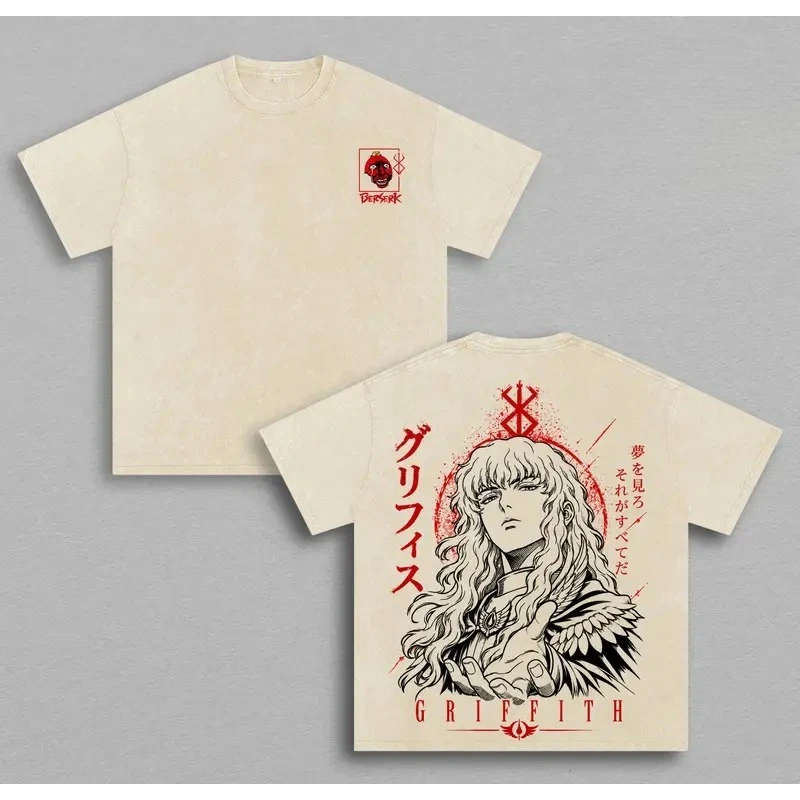 Manga Berserk Griffith Retro T Shirt Vintage Washed T-shirt Men Women Clothing Street Fashion Oversized 100% Cotton Tees Clothes