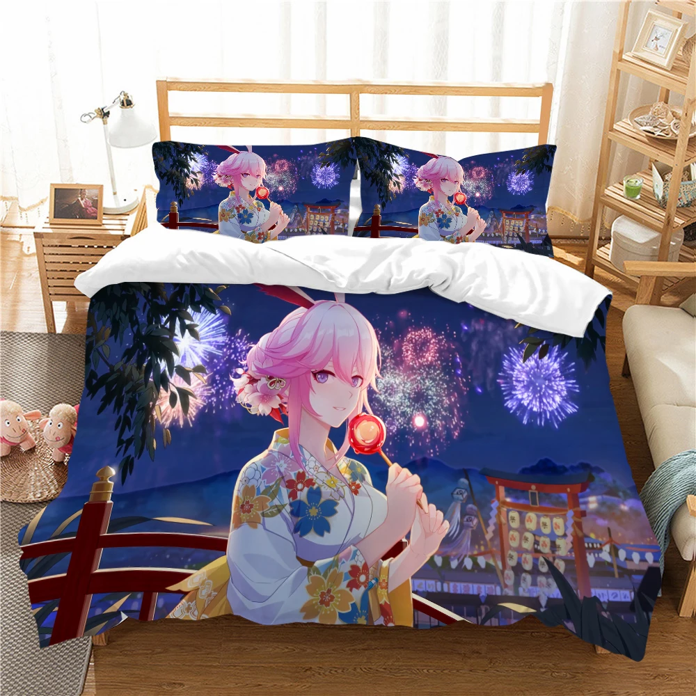 

Комплект постельного белья с героями мультфильмов G-Genshin H-Hon-kai Impact 3rd, тематический цветной принт, полиэстеровая простыня, пододеяльник, детский подарок, домашний текстиль