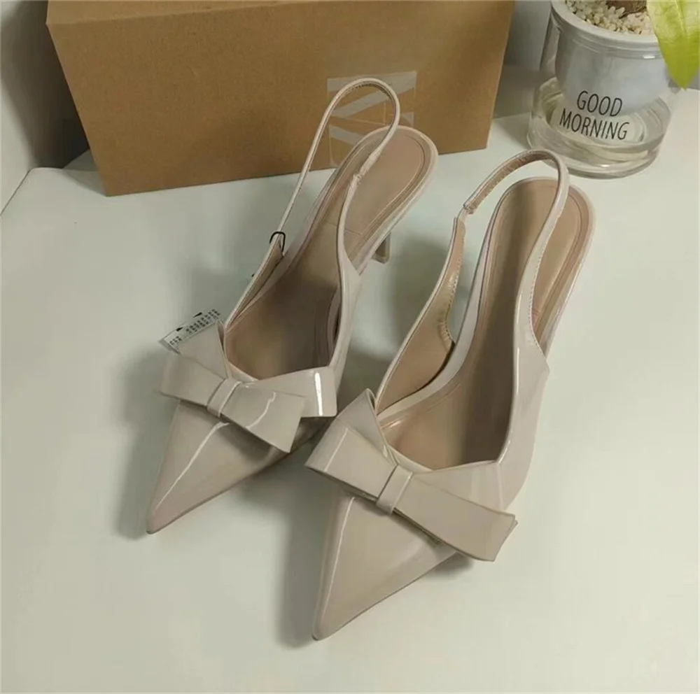 

TRAF Woman‘s Beige Bow Leather High Heels Pointed Toe Stiletto Female 2024 Summer Female Chic Pumps Sexy Slingbacks Sandals