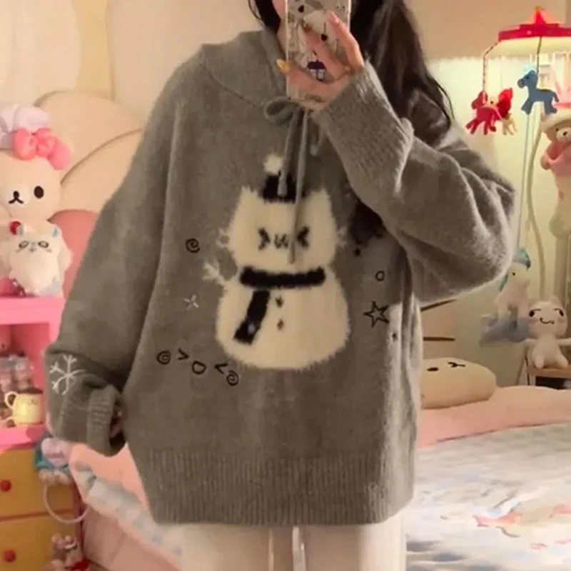 

Cute Snowman Hooded Knit Sweater Women Sweet Christmas Loose Lazy Pullover Harajuku Long Sleeve Casual Warm Preppy Style Top