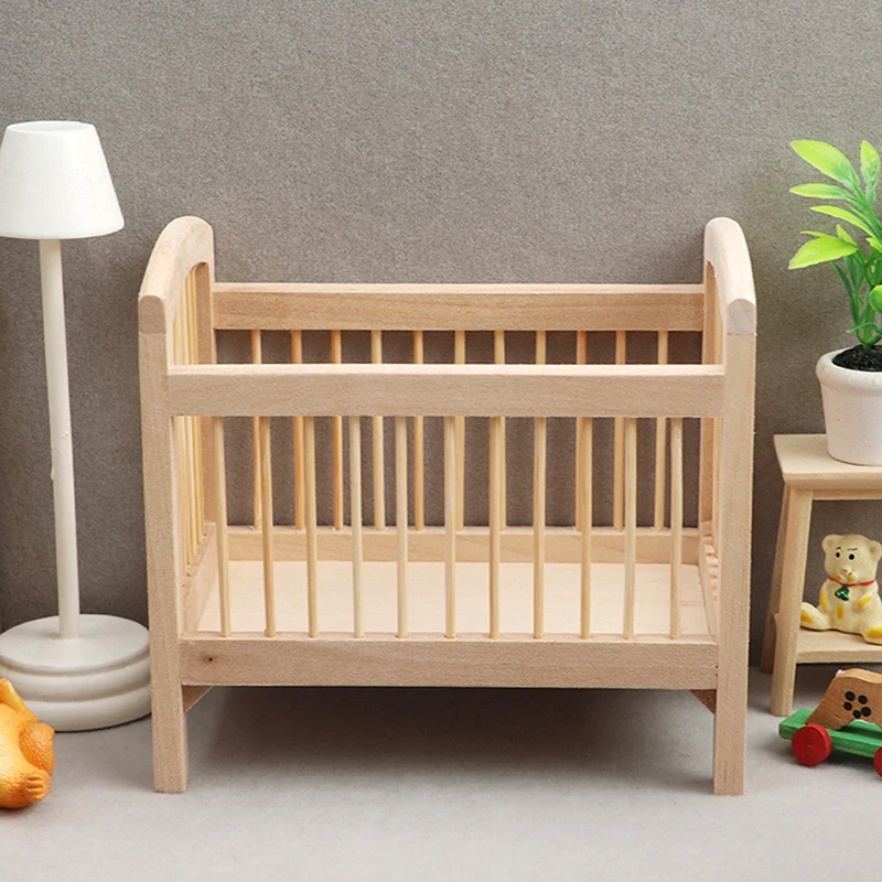 1:12 Dollhouse Miniature Wood Baby Bed Simulation Model Doll Bedroom Doll House Furniture Accessories
