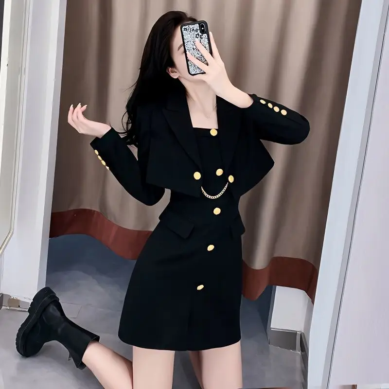 Hikigawa Chic Fashion Sexy Long Sleeve Women Cardigan +Slim All Match Button Patchwork Dresses Spring New 2 Set Ropa Mujer